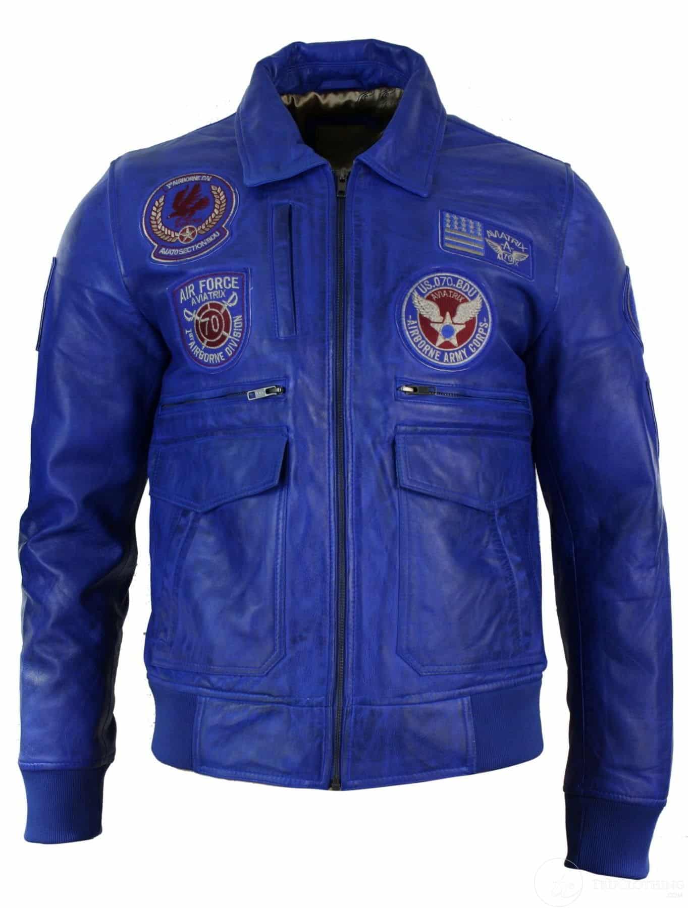Herrjacka i äkta läder, svart, Bomber Badge, Air Force-pilot, blå