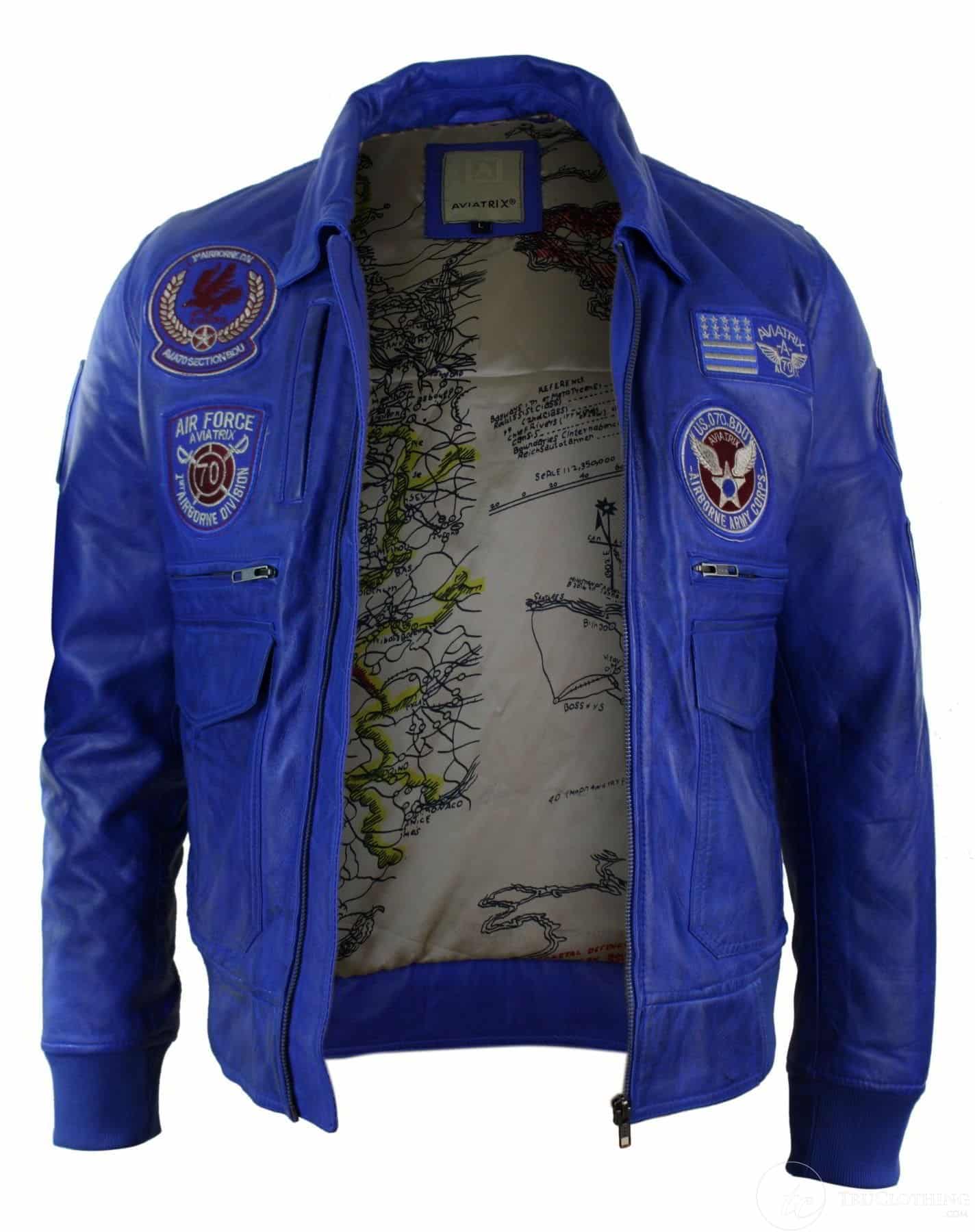Herrjacka i äkta läder, svart, Bomber Badge, Air Force-pilot, blå