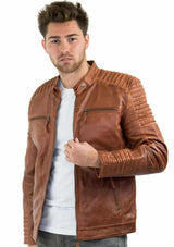 Äkta Läder Slim Fit Brun Tvättad Vintage Herrjacka Med Dragkedja Casual