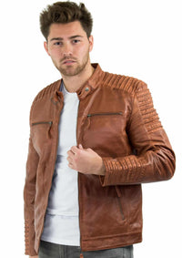 Äkta Läder Slim Fit Brun Tvättad Vintage Herrjacka Med Dragkedja Casual