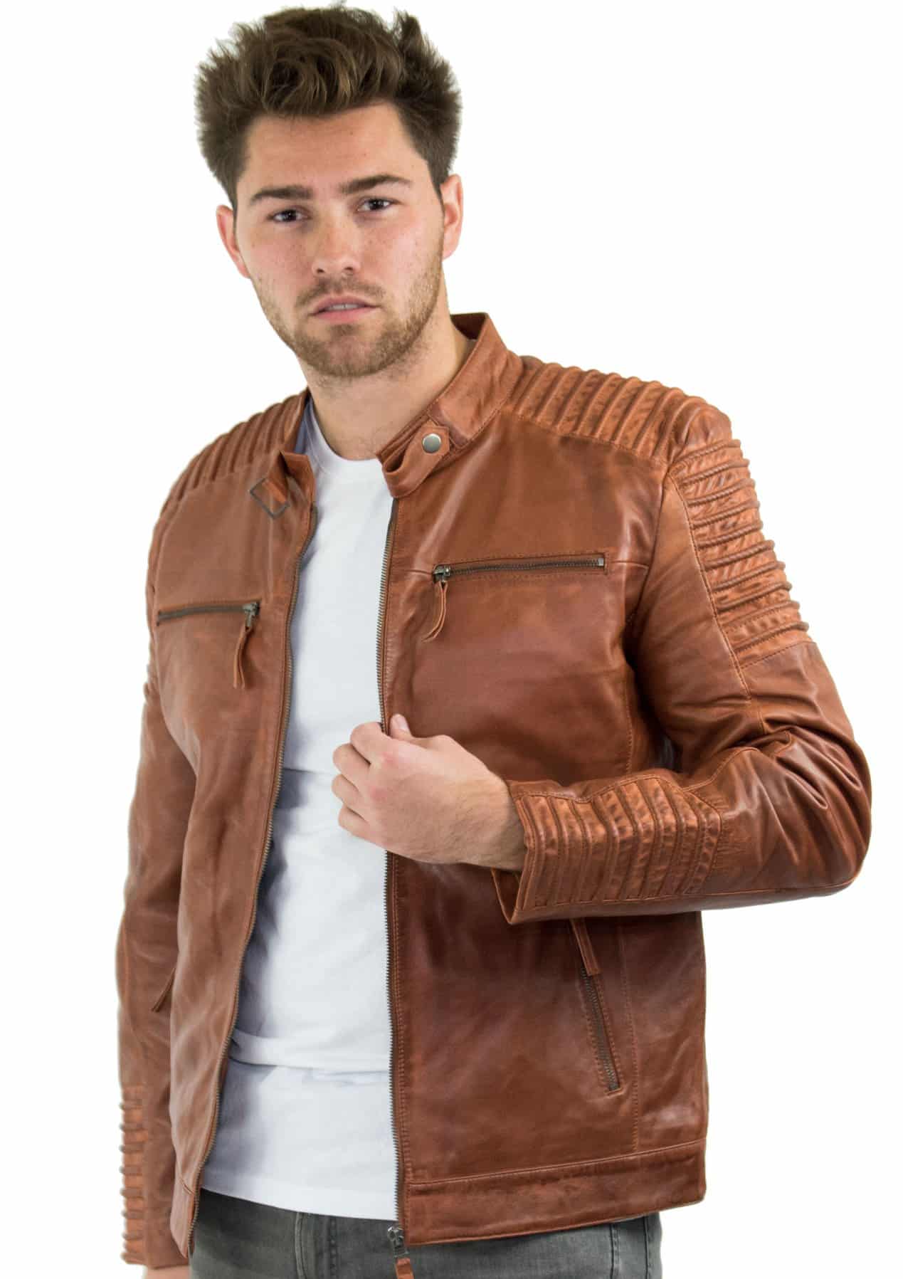 Äkta Läder Slim Fit Brun Tvättad Vintage Herrjacka Med Dragkedja Casual