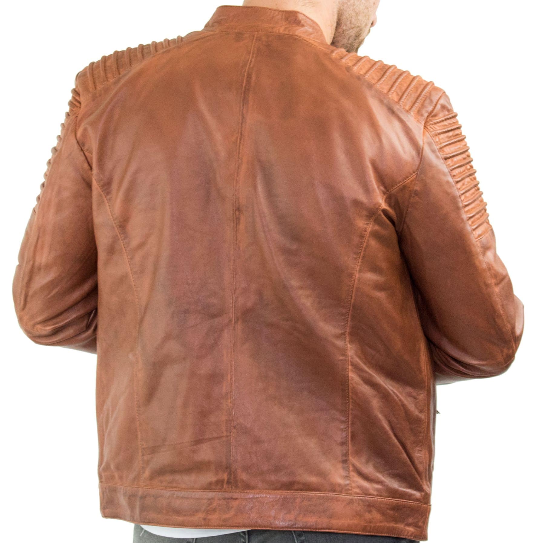Äkta Läder Slim Fit Brun Tvättad Vintage Herrjacka Med Dragkedja Casual