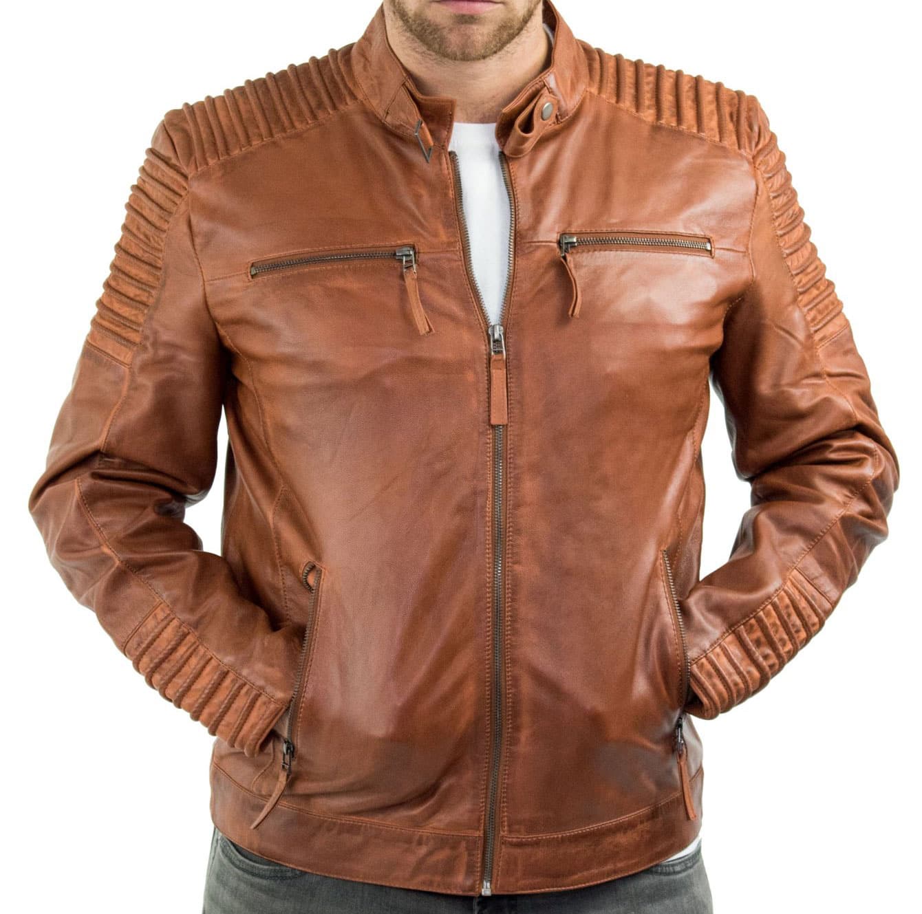 Äkta Läder Slim Fit Brun Tvättad Vintage Herrjacka Med Dragkedja Casual