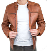 Äkta Läder Slim Fit Brun Tvättad Vintage Herrjacka Med Dragkedja Casual