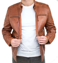 Äkta Läder Slim Fit Brun Tvättad Vintage Herrjacka Med Dragkedja Casual