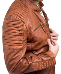 Äkta Läder Slim Fit Brun Tvättad Vintage Herrjacka Med Dragkedja Casual