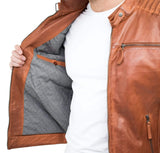 Äkta Läder Slim Fit Brun Tvättad Vintage Herrjacka Med Dragkedja Casual