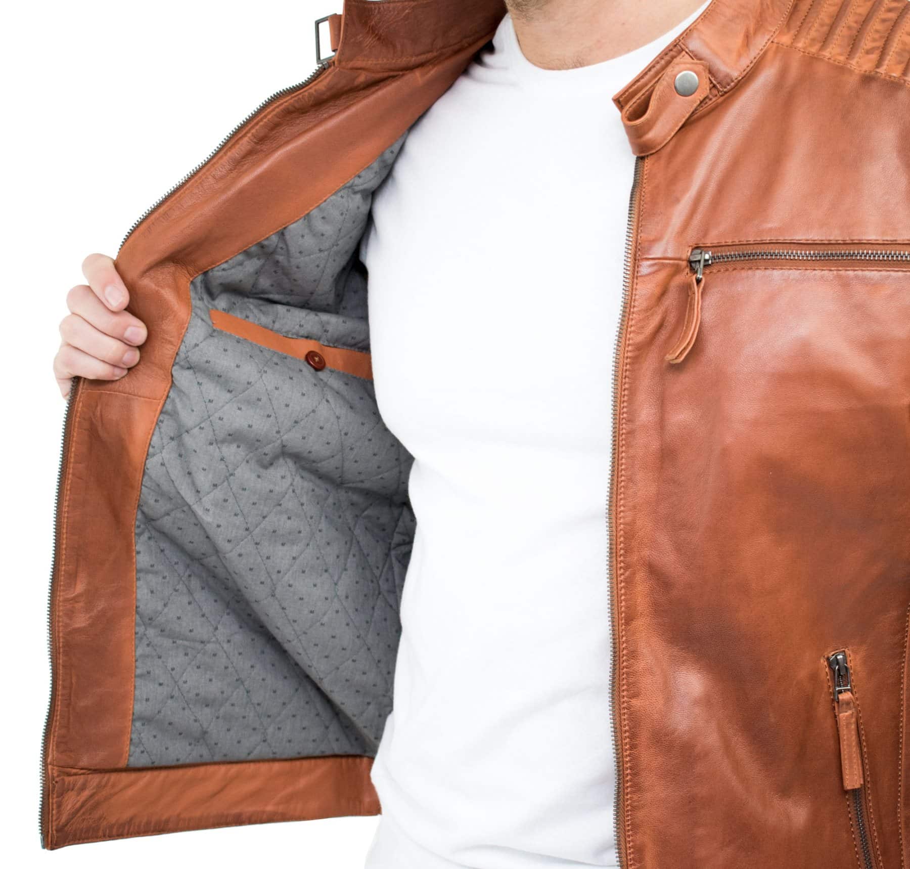 Äkta Läder Slim Fit Brun Tvättad Vintage Herrjacka Med Dragkedja Casual
