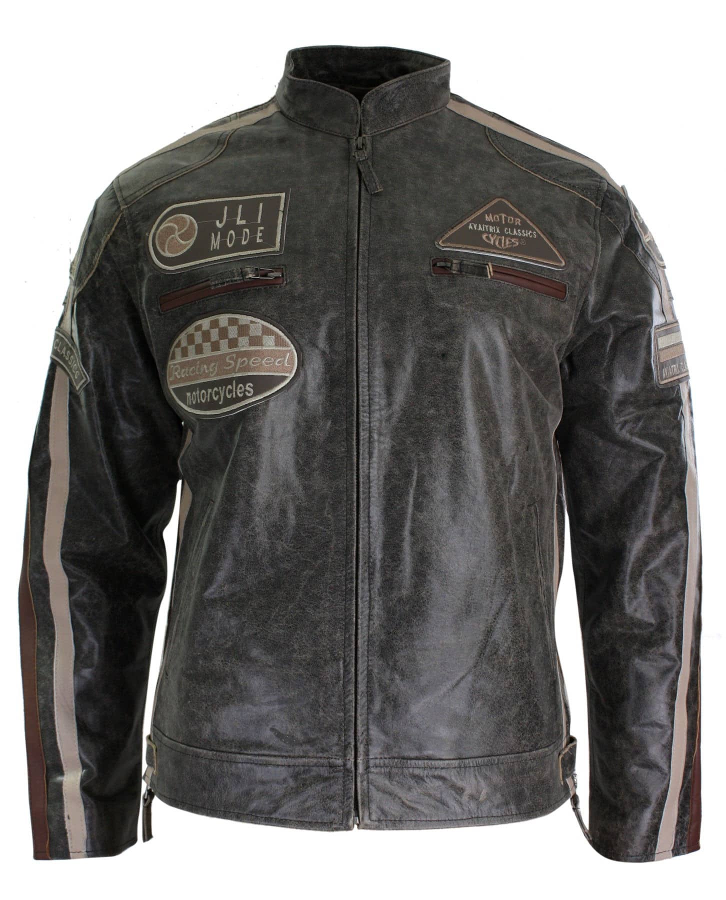 Äkta Läder Klassisk Retro Herr Biker Racerjacka Ökenbrun Grå Casual-Tan