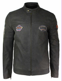 Äkta läder Vintage brun Racer Badge herr bikerjacka tvättad sliten slim fit