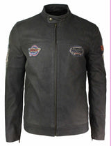 Äkta läder Vintage brun Racer Badge herr bikerjacka tvättad sliten slim fit