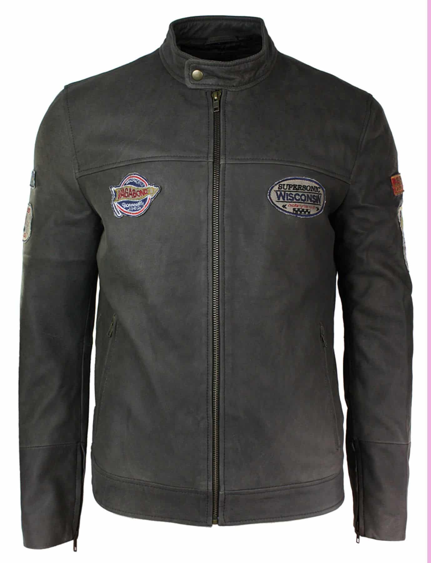 Äkta läder Vintage brun Racer Badge herr bikerjacka tvättad sliten slim fit