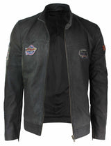 Äkta läder Vintage brun Racer Badge herr bikerjacka tvättad sliten slim fit