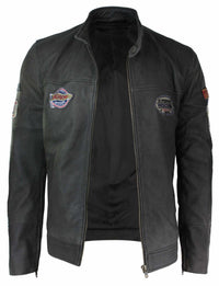 Äkta läder Vintage brun Racer Badge herr bikerjacka tvättad sliten slim fit