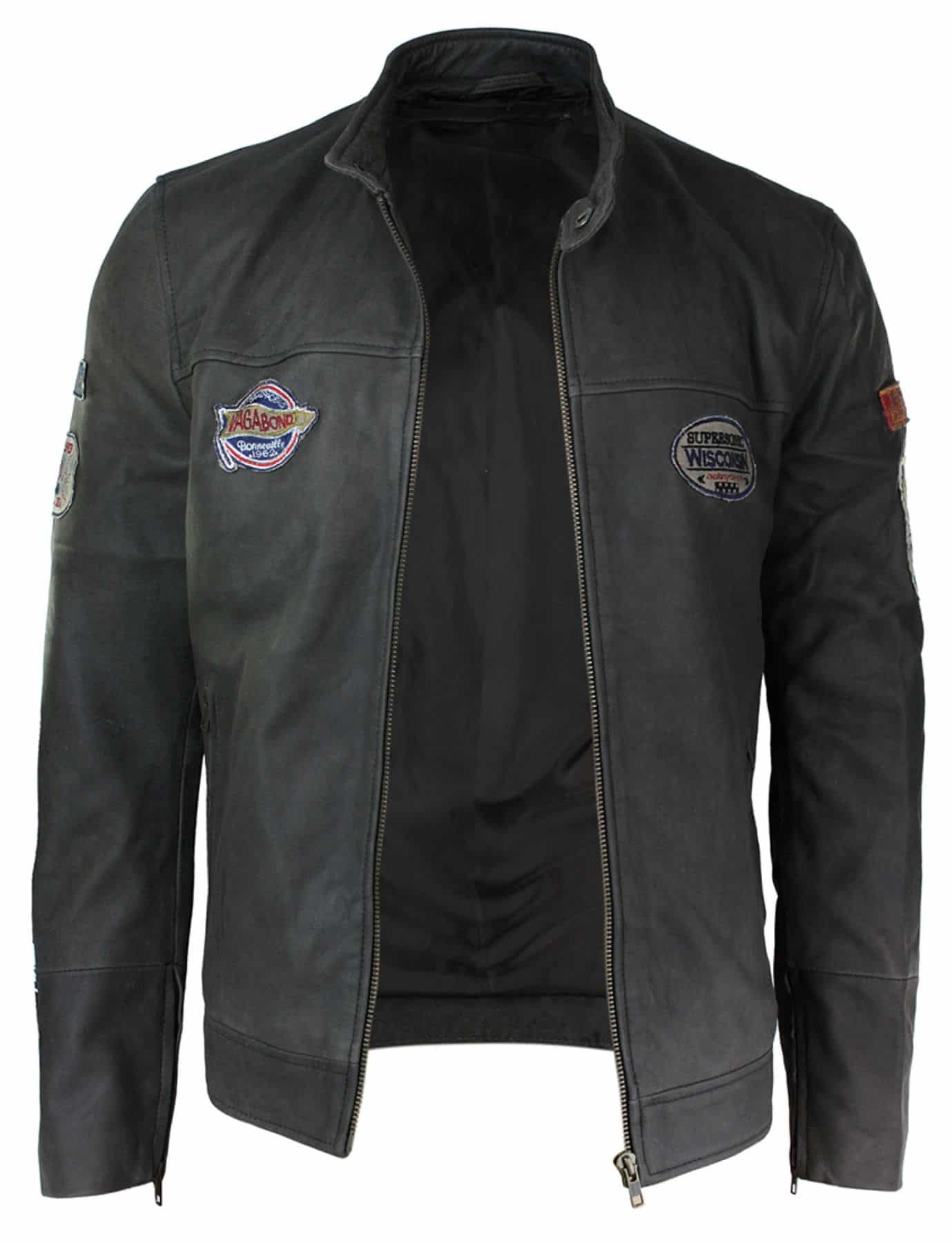 Äkta läder Vintage brun Racer Badge herr bikerjacka tvättad sliten slim fit