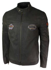 Äkta läder Vintage brun Racer Badge herr bikerjacka tvättad sliten slim fit