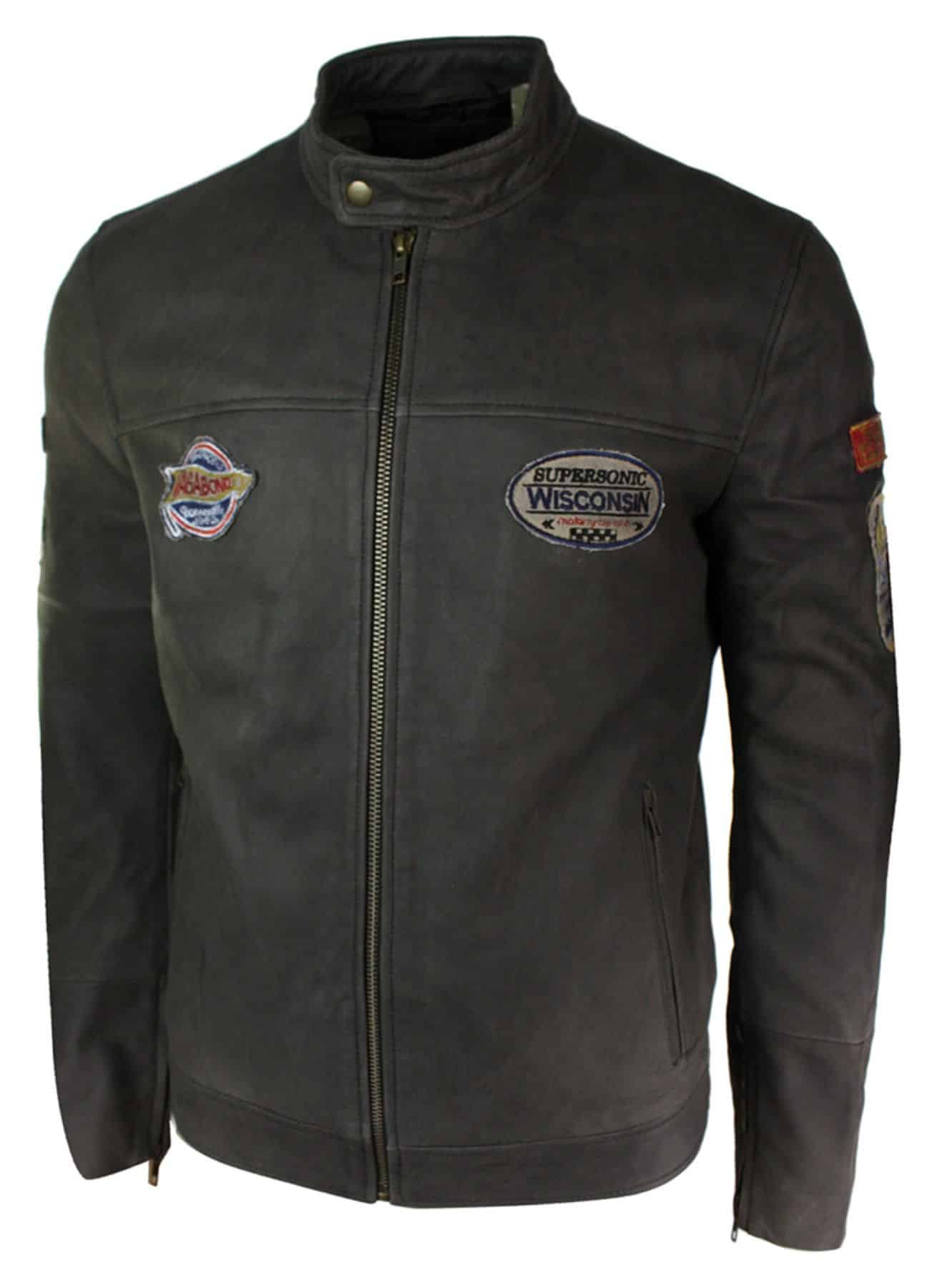 Äkta läder Vintage brun Racer Badge herr bikerjacka tvättad sliten slim fit