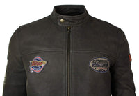 Äkta läder Vintage brun Racer Badge herr bikerjacka tvättad sliten slim fit