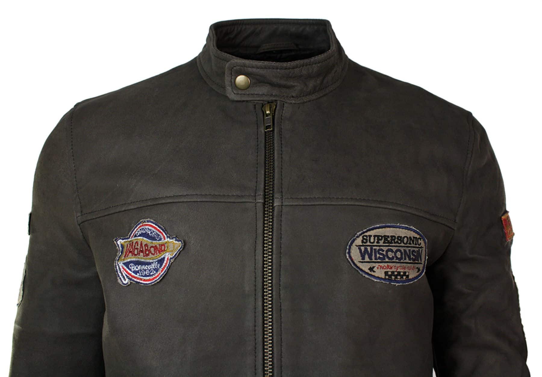 Äkta läder Vintage brun Racer Badge herr bikerjacka tvättad sliten slim fit