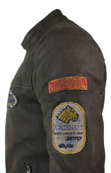 Äkta läder Vintage brun Racer Badge herr bikerjacka tvättad sliten slim fit