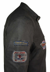 Äkta läder Vintage brun Racer Badge herr bikerjacka tvättad sliten slim fit