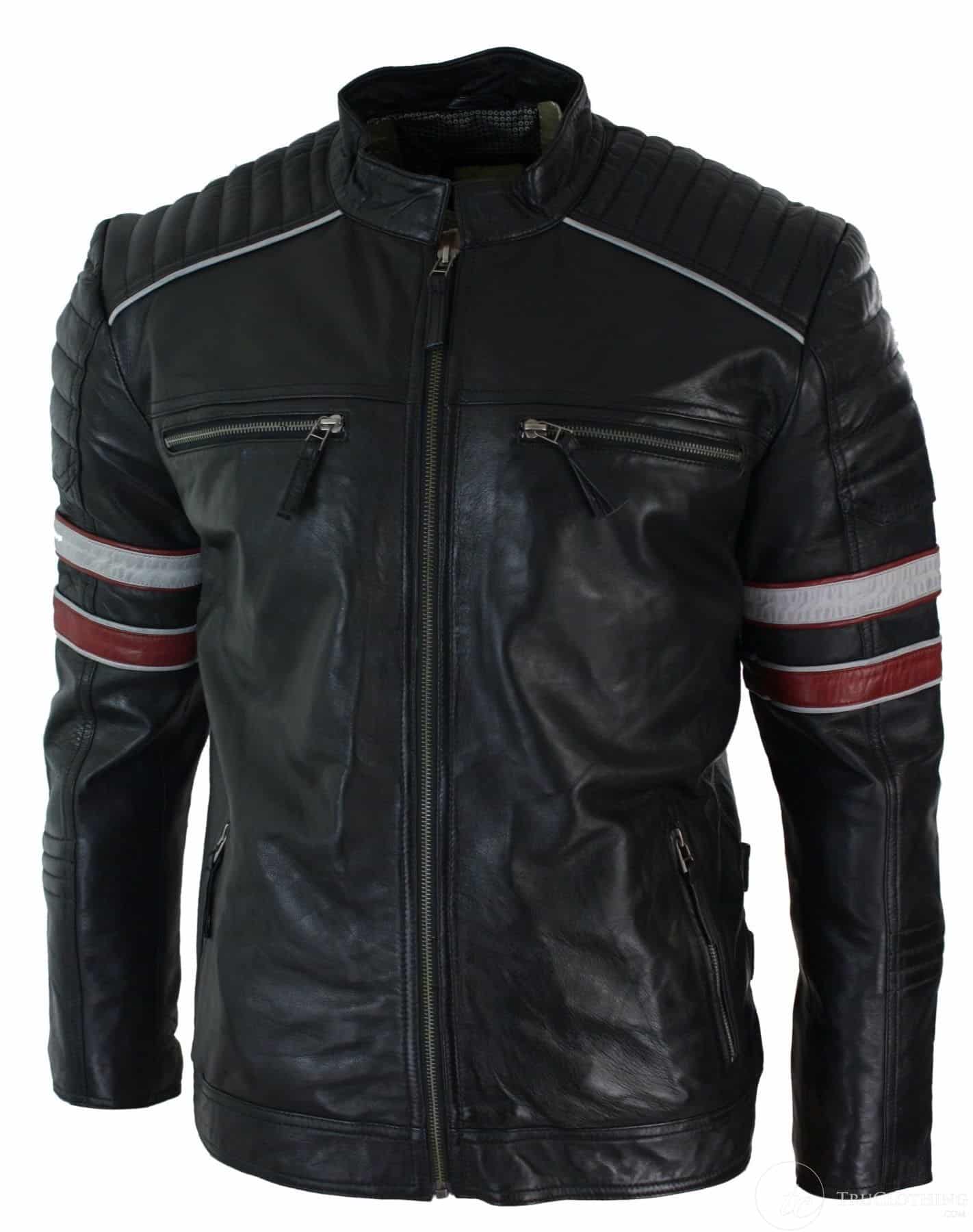 Äkta Läder Svart Racing Herr Bikerjacka Röd Vita Randig Casual Passform