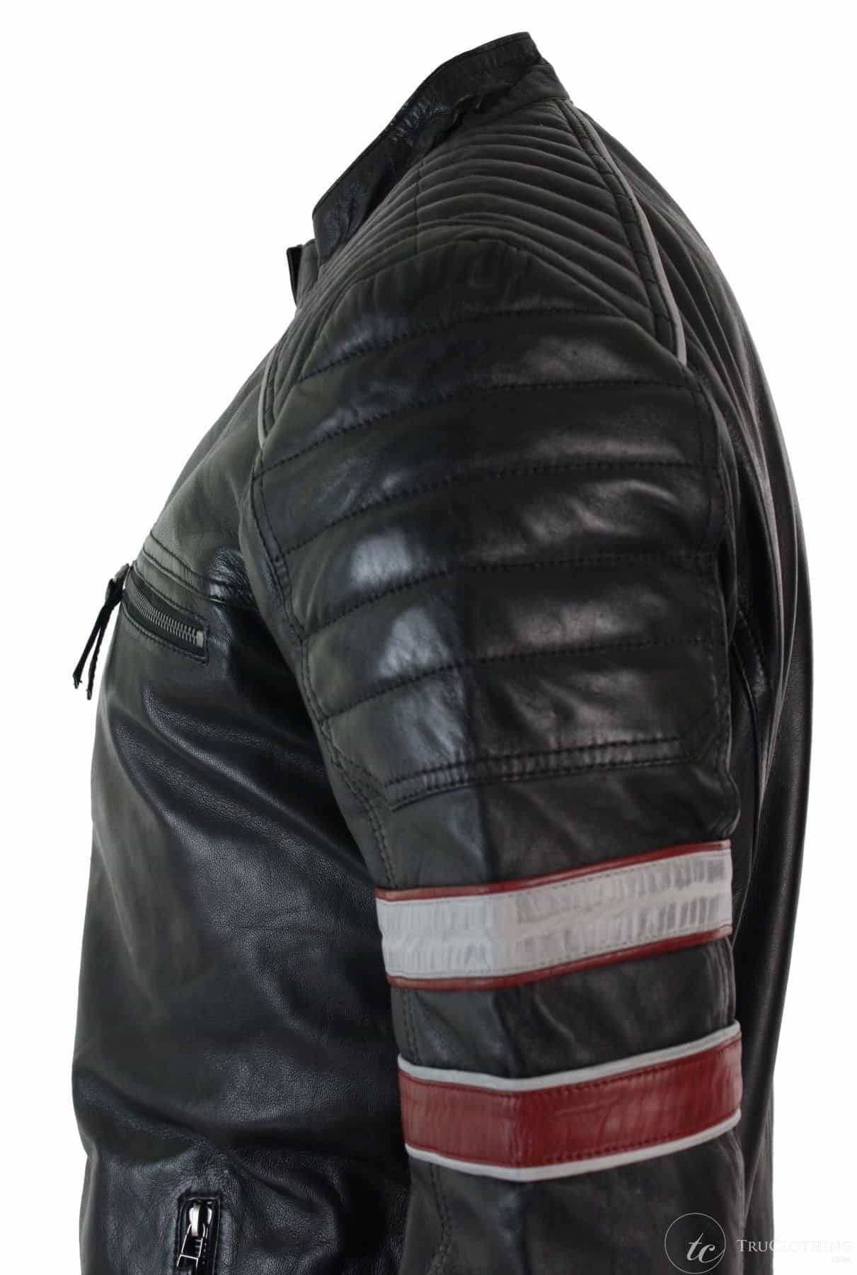 Äkta Läder Svart Racing Herr Bikerjacka Röd Vita Randig Casual Passform