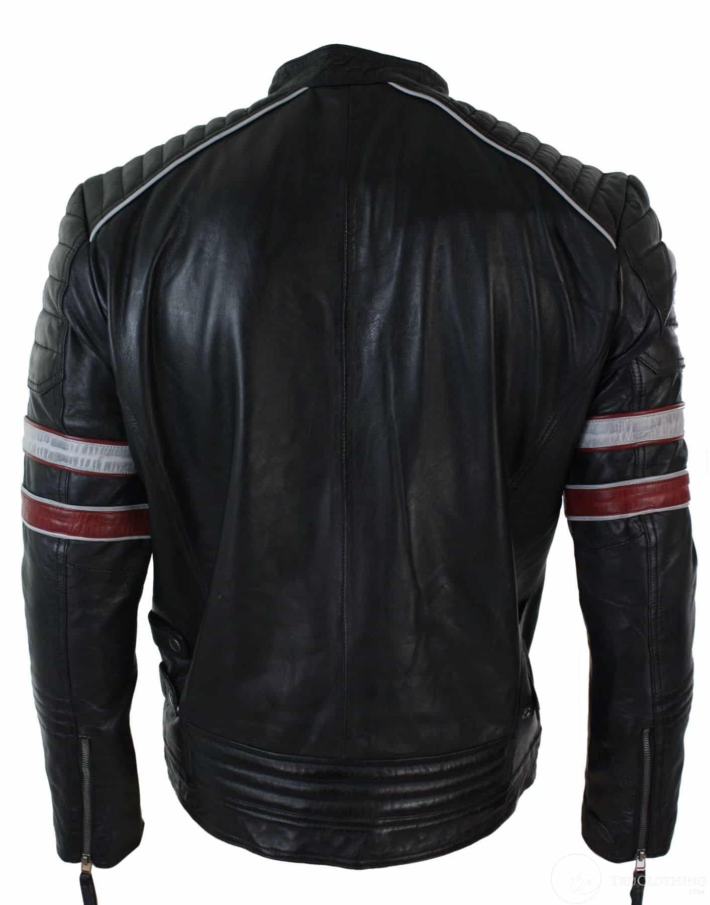 Äkta Läder Svart Racing Herr Bikerjacka Röd Vita Randig Casual Passform