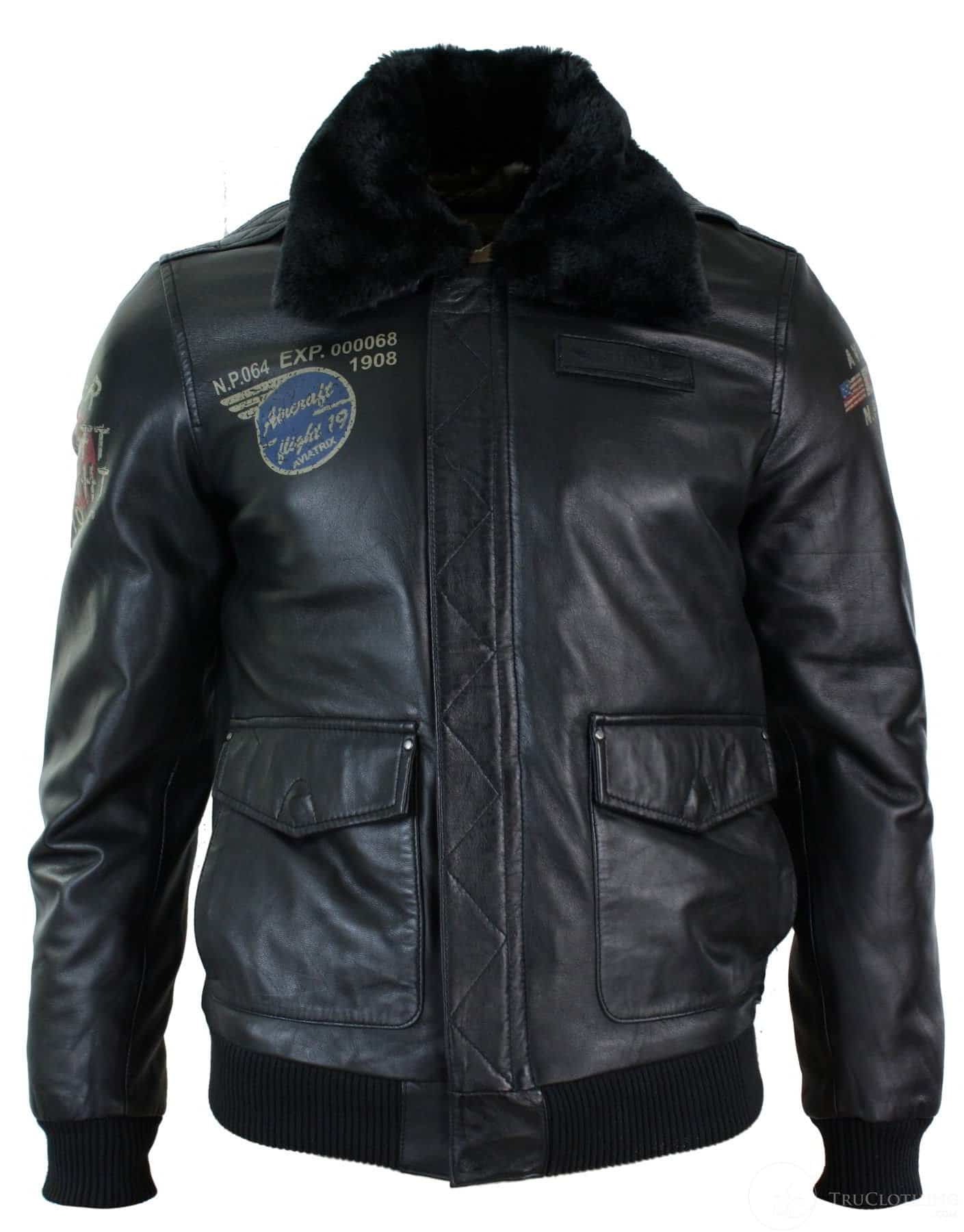 Herrjacka i äkta läder, svart, pilotjacka med pälskrage, slim fit och bomberjacka
