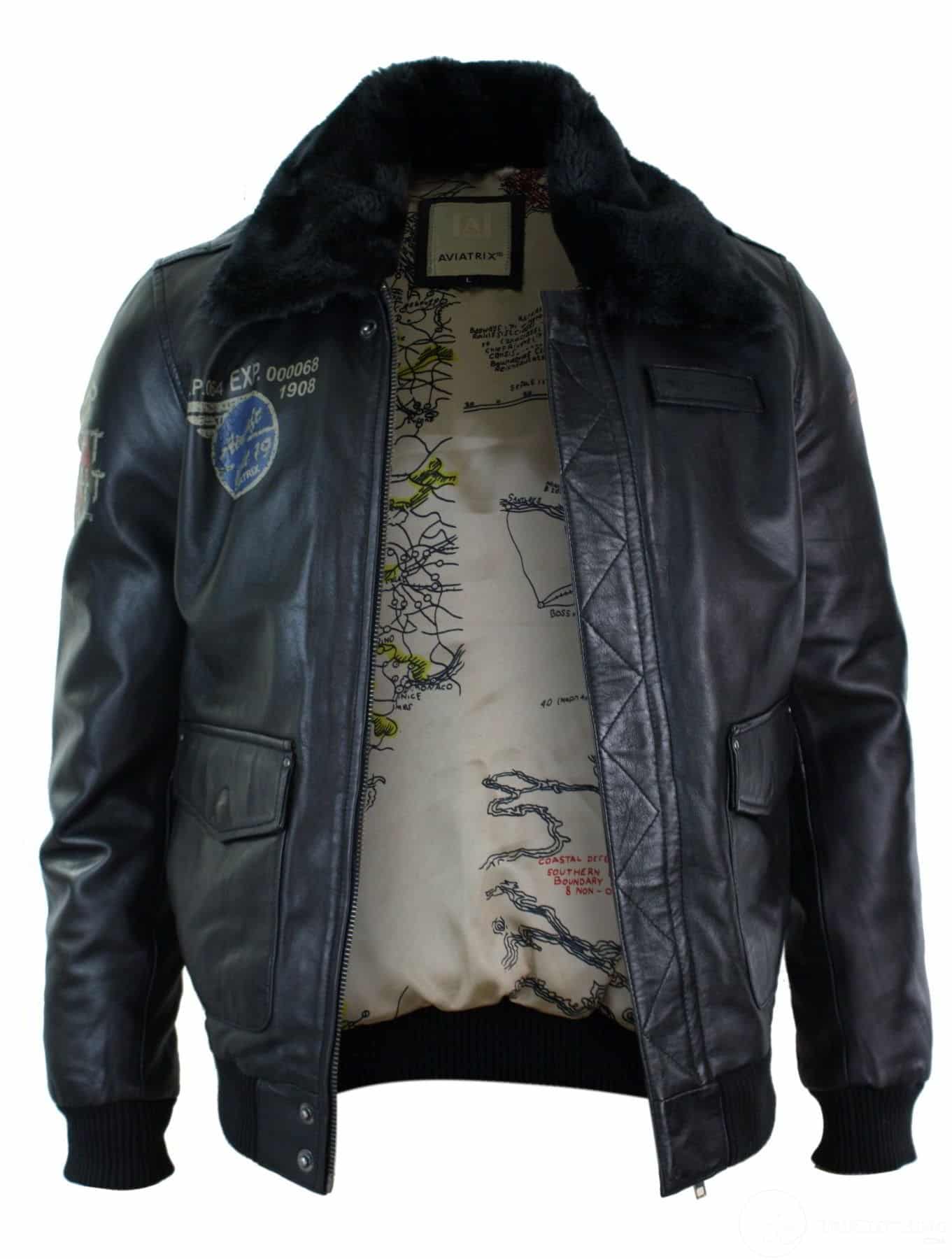 Herrjacka i äkta läder, svart, pilotjacka med pälskrage, slim fit och bomberjacka