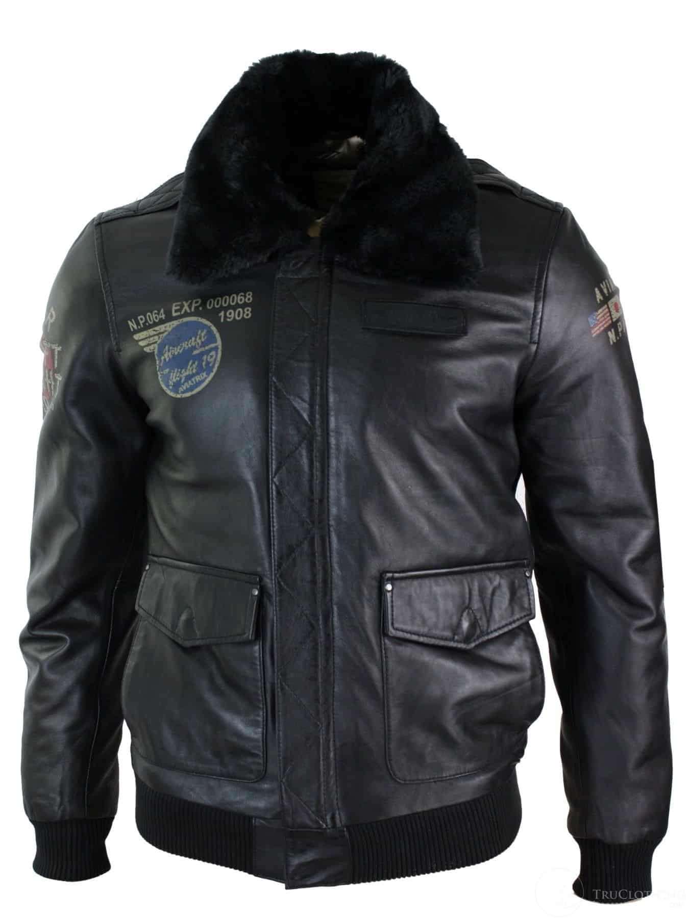 Herrjacka i äkta läder, svart, pilotjacka med pälskrage, slim fit och bomberjacka