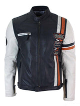 Äkta läder Retro Vintage Marinblå Vit Herr Bikerjacka Märke Design Casual