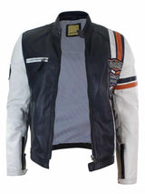 Äkta läder Retro Vintage Marinblå Vit Herr Bikerjacka Märke Design Casual