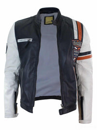 Äkta läder Retro Vintage Marinblå Vit Herr Bikerjacka Märke Design Casual