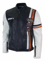 Äkta läder Retro Vintage Marinblå Vit Herr Bikerjacka Märke Design Casual