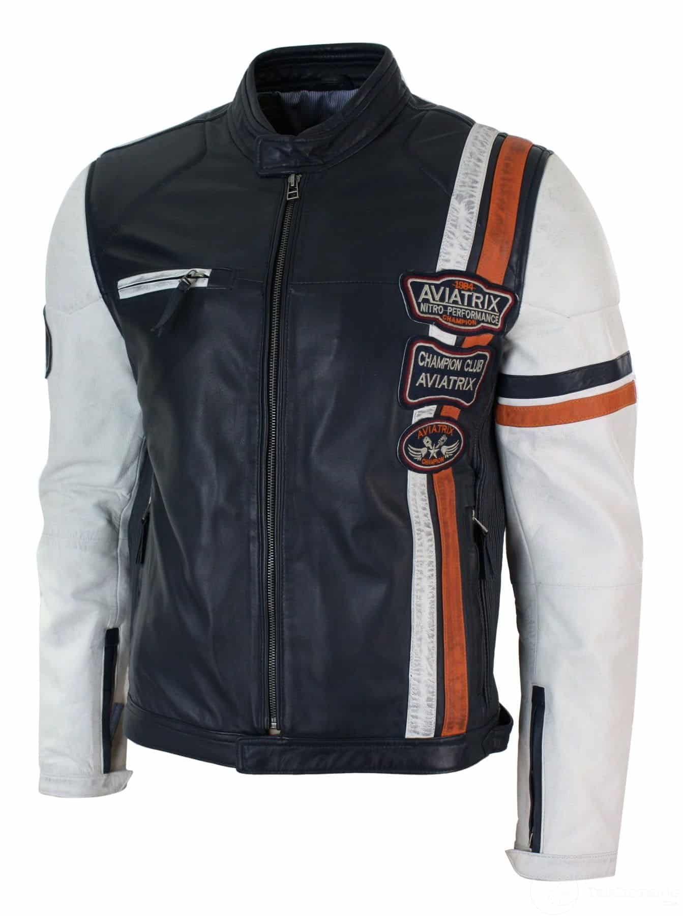 Äkta läder Retro Vintage Marinblå Vit Herr Bikerjacka Märke Design Casual
