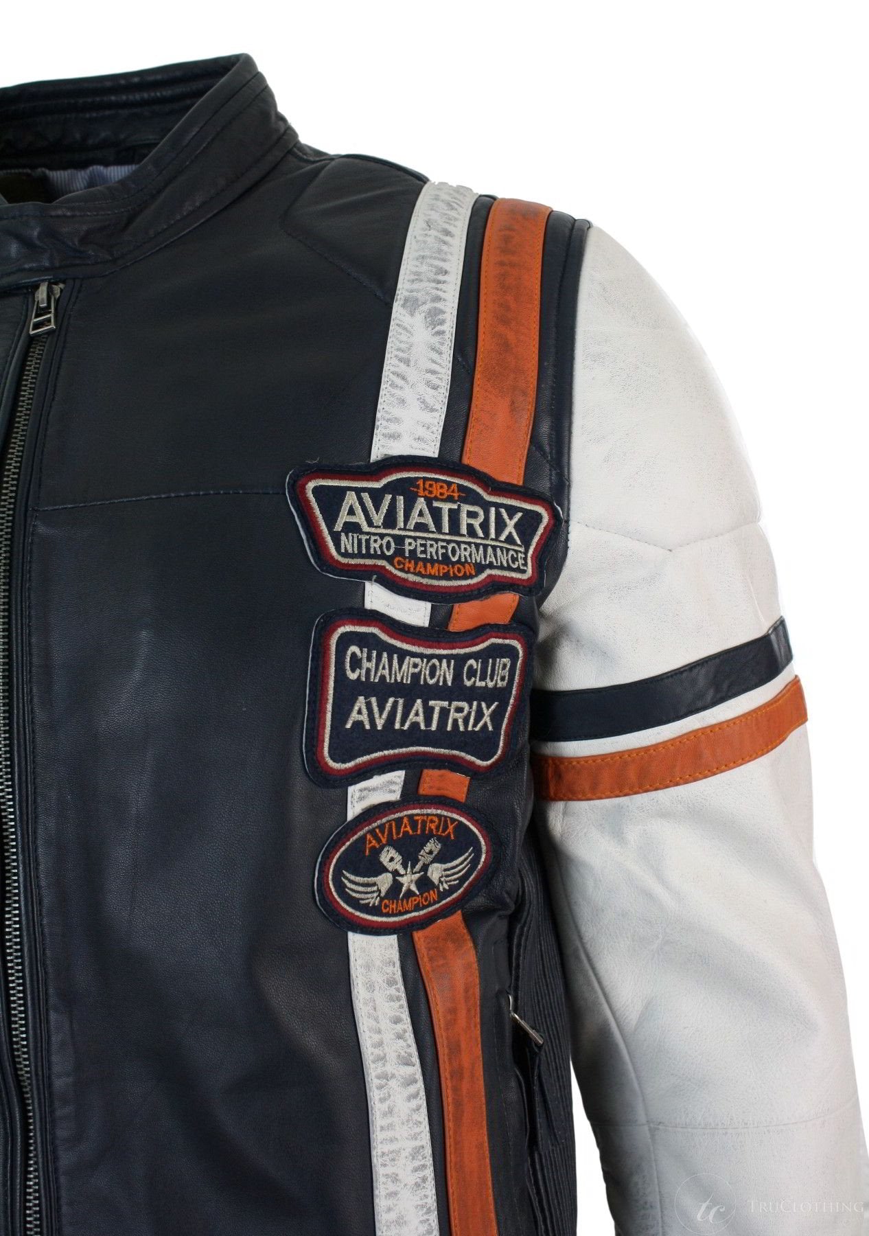 Äkta läder Retro Vintage Marinblå Vit Herr Bikerjacka Märke Design Casual