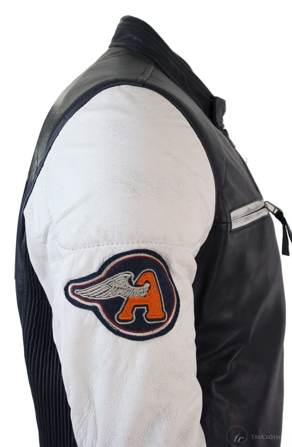 Äkta läder Retro Vintage Marinblå Vit Herr Bikerjacka Märke Design Casual
