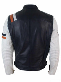 Äkta läder Retro Vintage Marinblå Vit Herr Bikerjacka Märke Design Casual