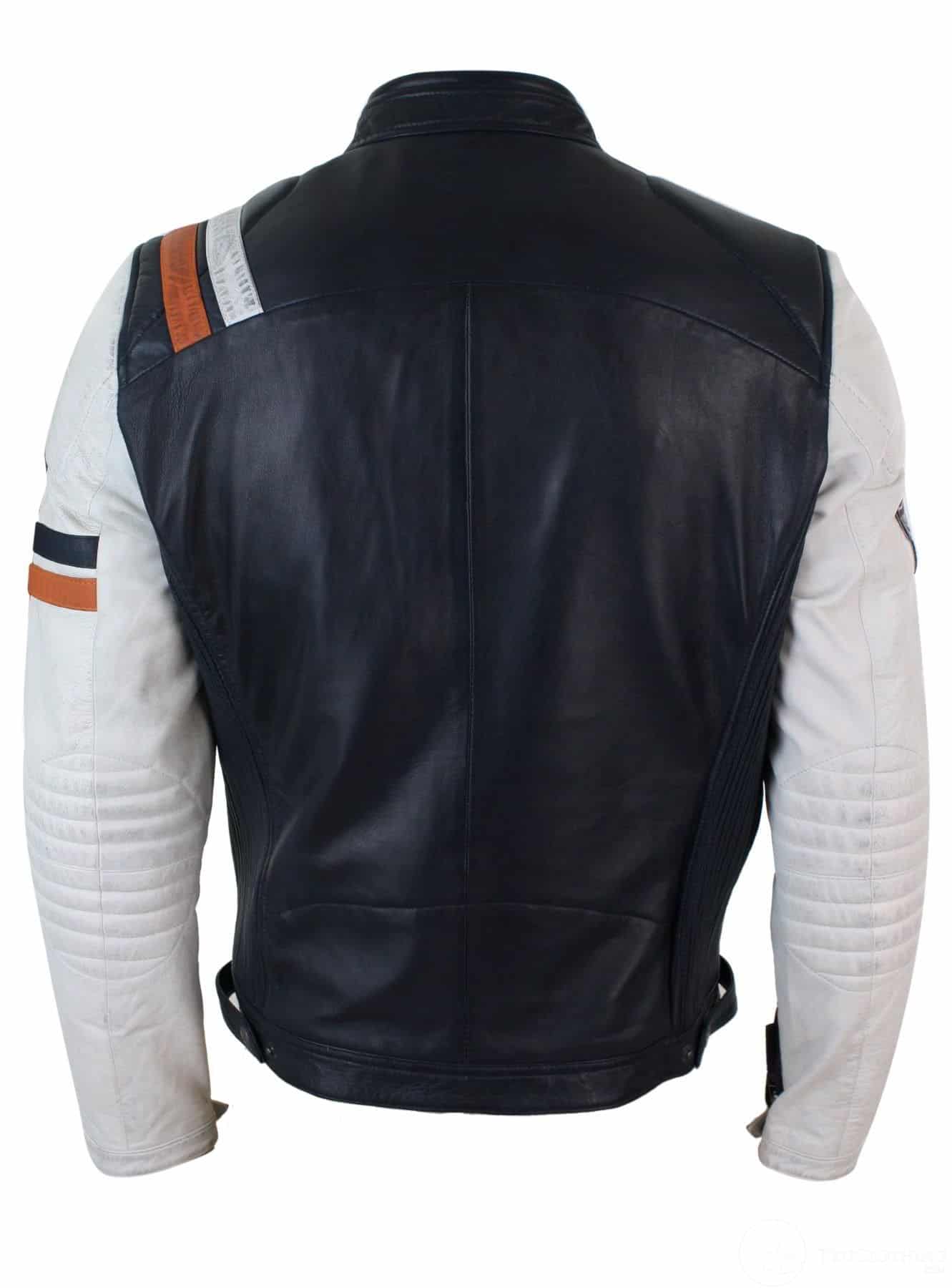 Äkta läder Retro Vintage Marinblå Vit Herr Bikerjacka Märke Design Casual