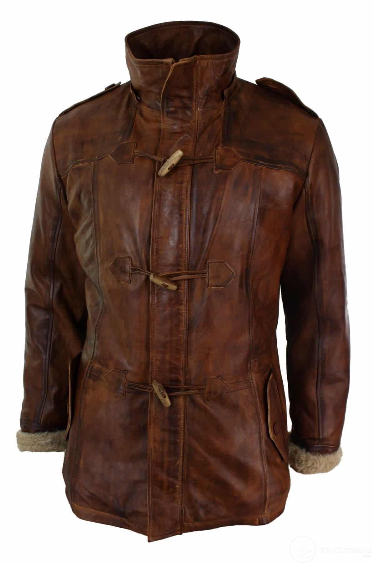 Herrjacka med huva i äkta läder, safari, lång, 3/4-dels päls, tvättad, brun, beige, Nevada Timber