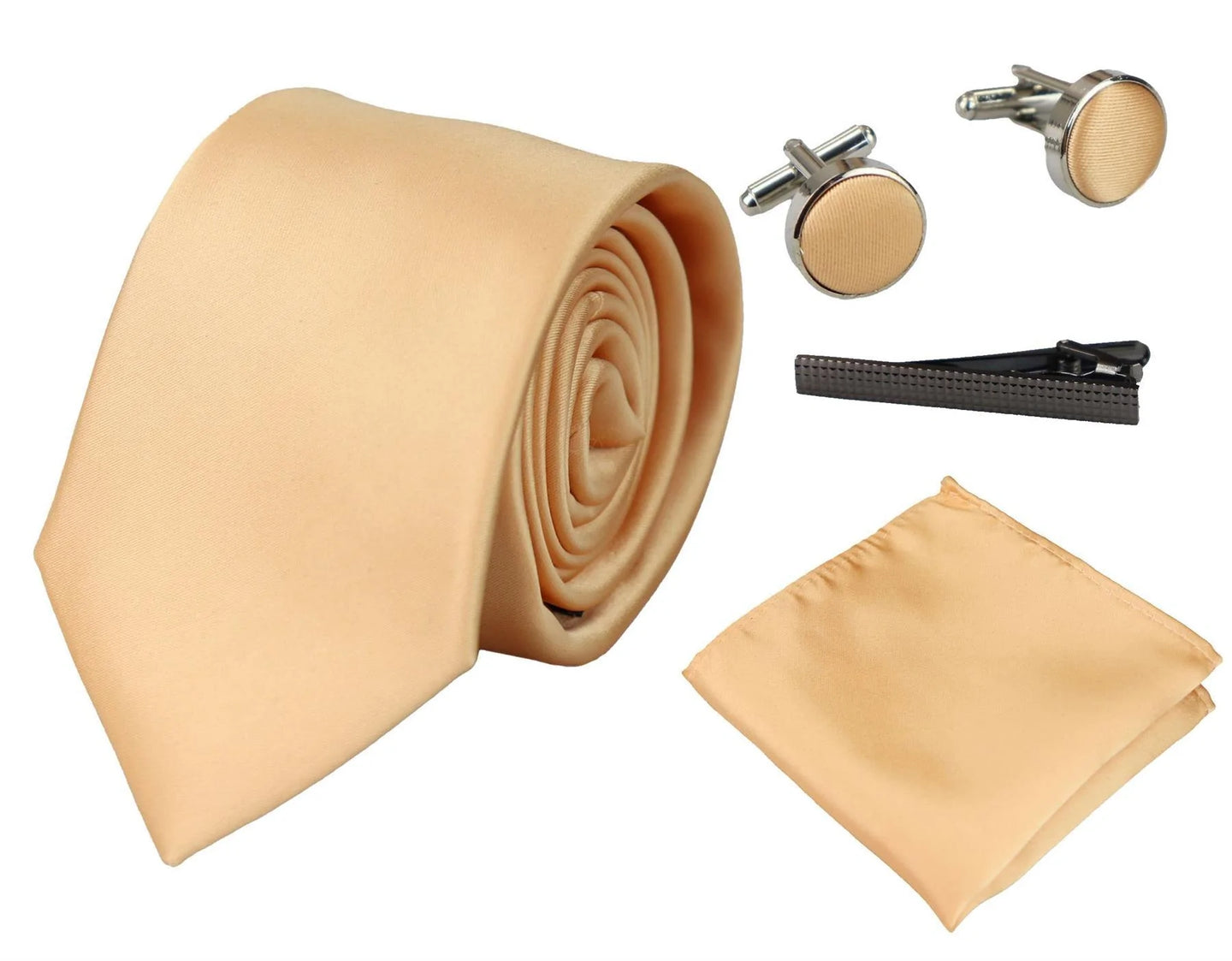Slips i satin, siden, guldfärgad, presentset, näsduk, manschettknappar, slips i glänsande satin