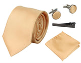 Slips i satin, siden, guldfärgad, presentset, näsduk, manschettknappar, slips i glänsande satin