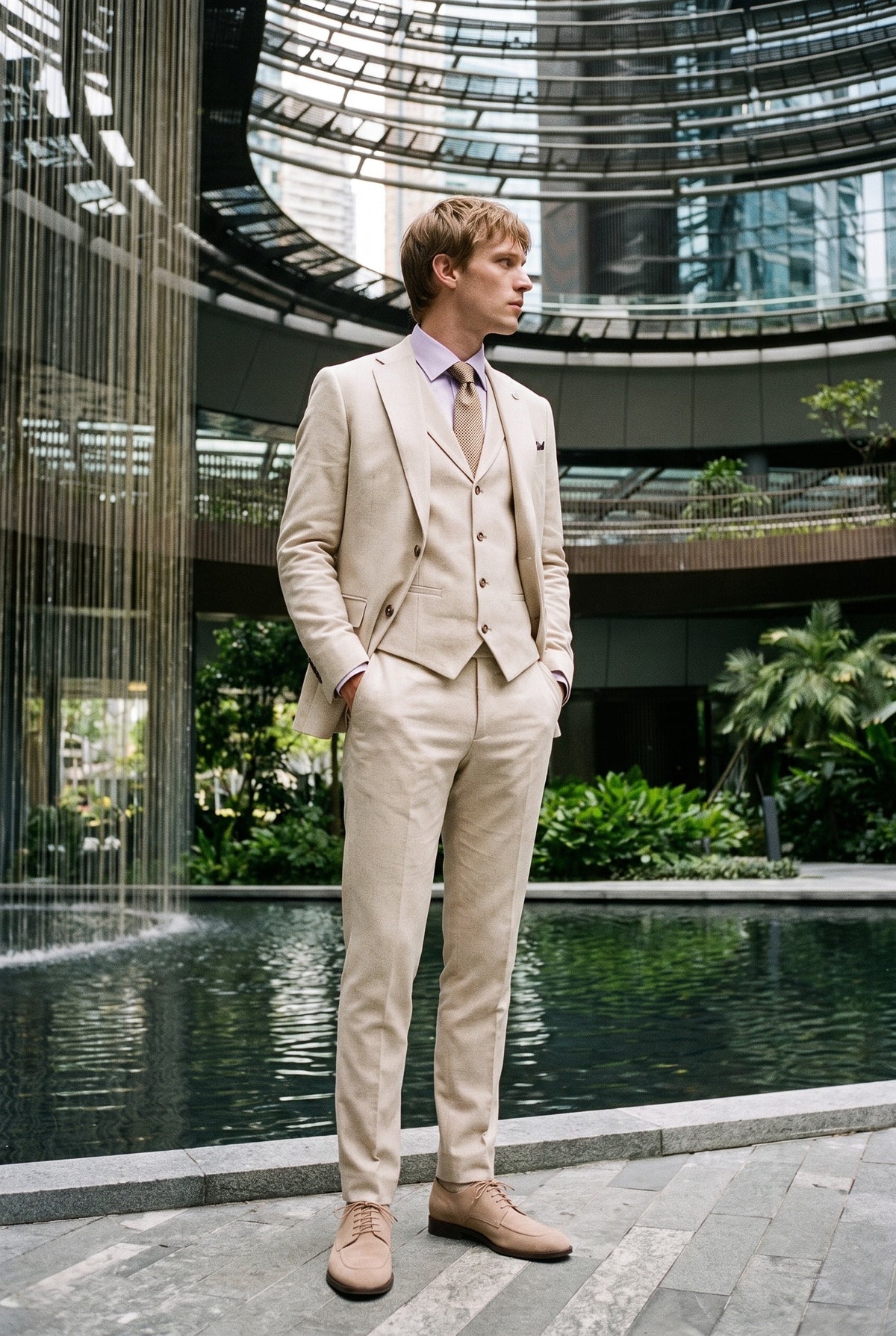 Look #948 styled with TP-21 Herr Beige 3-delad Sommarkostym i Linne