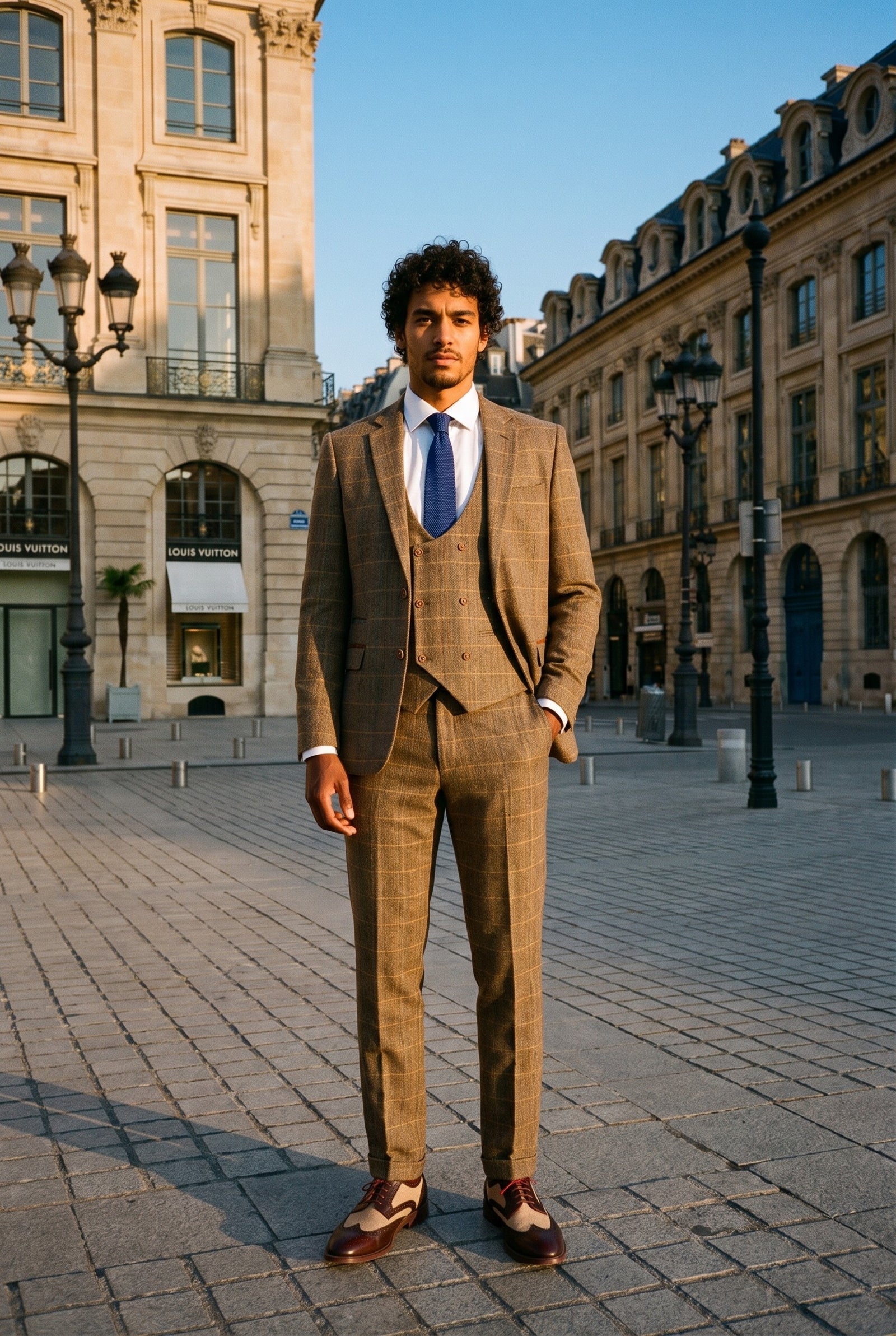 Look #983 styled with Herrkostym i fiskbensmönstrad tweed med brunrutig passform, dubbel klassisk passform