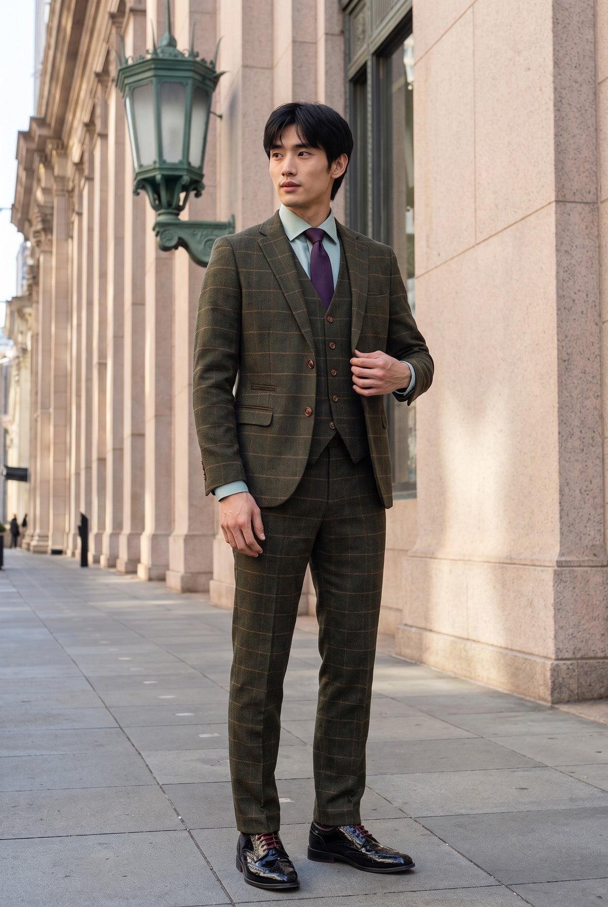 Look #509 styled with Harris - Grön 3-delad kostym i ullblandning i tweed för män