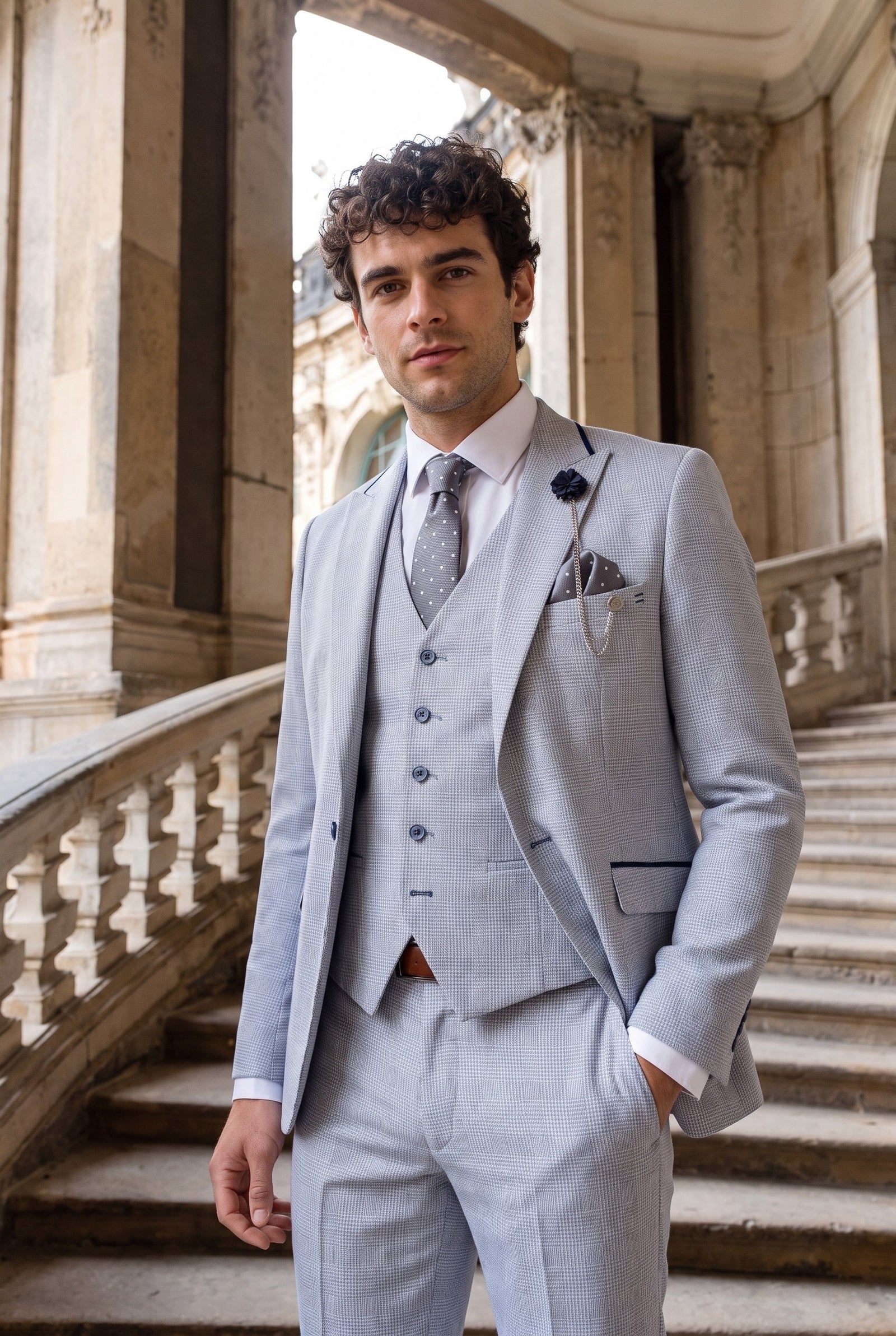 Look #950 styled with Herr 3-delad rutig kostym i tweed ljusblå skräddarsydd passform bröllop peaky klassisk