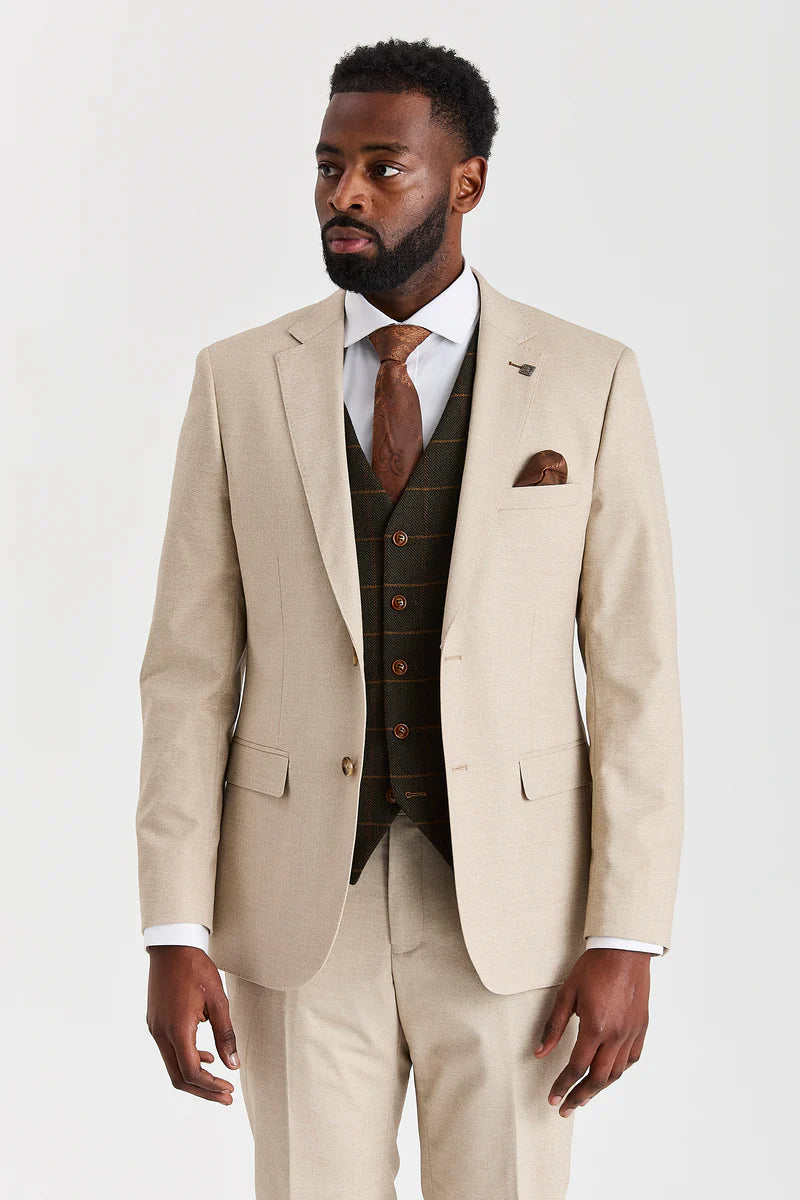 Belmont beige kostym med Harrisgrön tweedväst