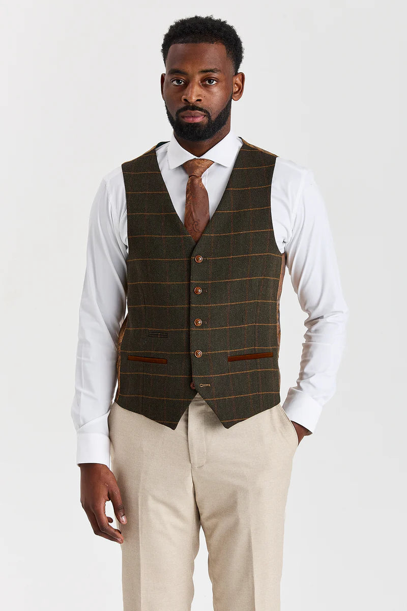Belmont beige kostym med Harrisgrön tweedväst