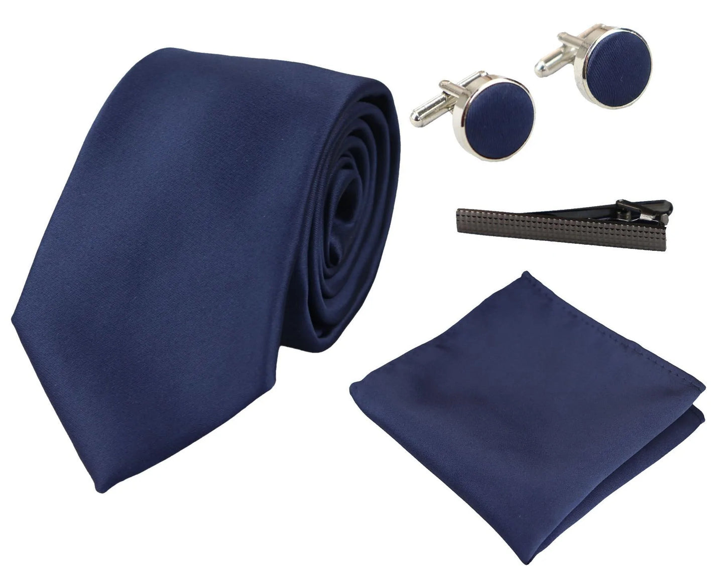 Marinblå slips i siden med presentset, näsduk, manschettknappar, slips i glansig satin